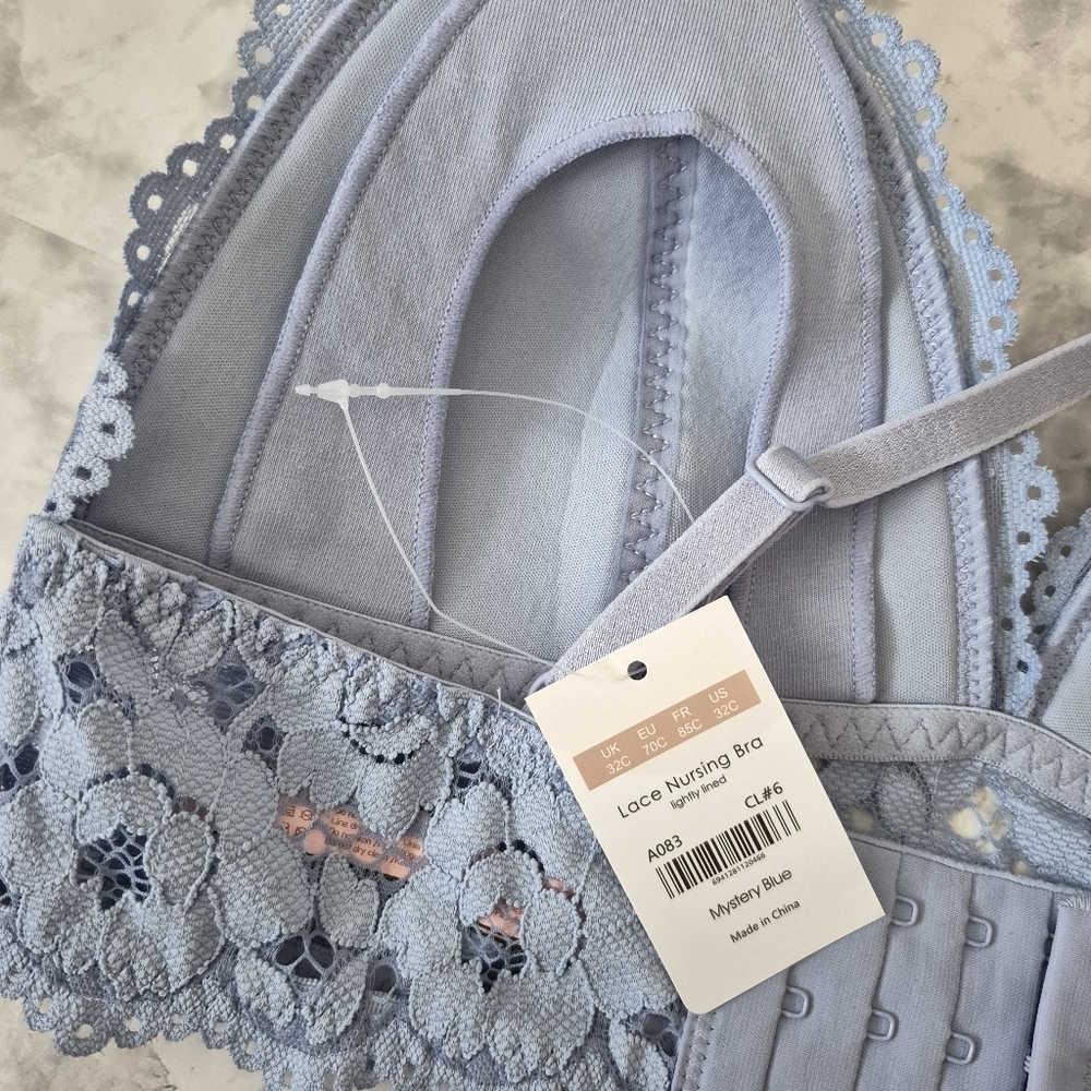 Momanda Lace Plunge Nursing Bralette Mistery Blue 32C NWT